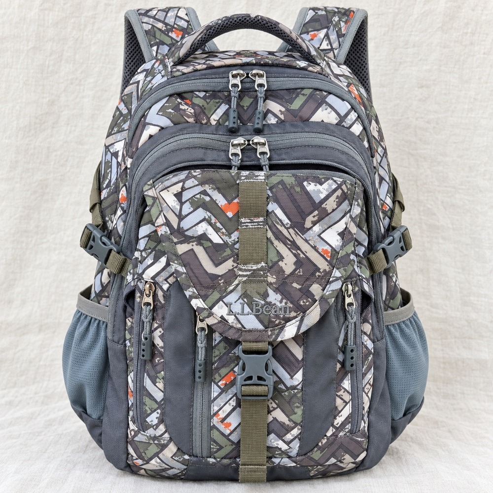 LL Bean Geometric Camo Backpack Gray Olive Orange School Travel Daypack Bookbag